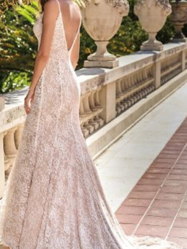Country Plus Size Mermaid Beach Wedding Dress Spaghetti Strap Chiffon Lace Sleeveless Bridal Gowns with Sweep Train