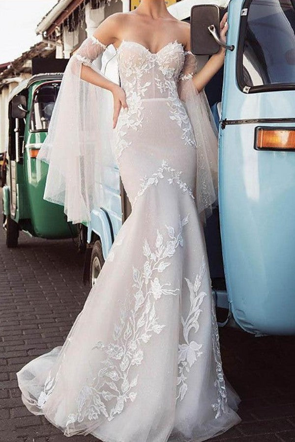 Country Plus Size Mermaid Wedding Dress Strapless Lace Tulle Long Sleeve Bridal Gowns with Sweep Train