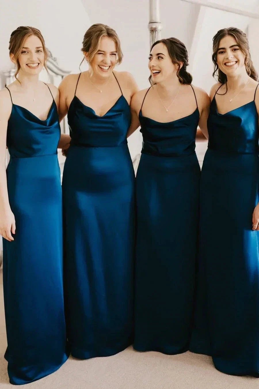 Cowl Neck Spaghetti Strap Champagne Bridesmaid Dress (ZD12833)
