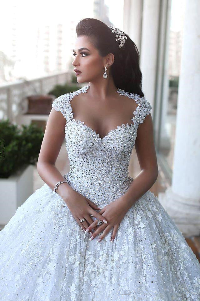 Crystal Lace Ball Gown Wedding Dresses Court Train Beading  Bridal Gowns MH068