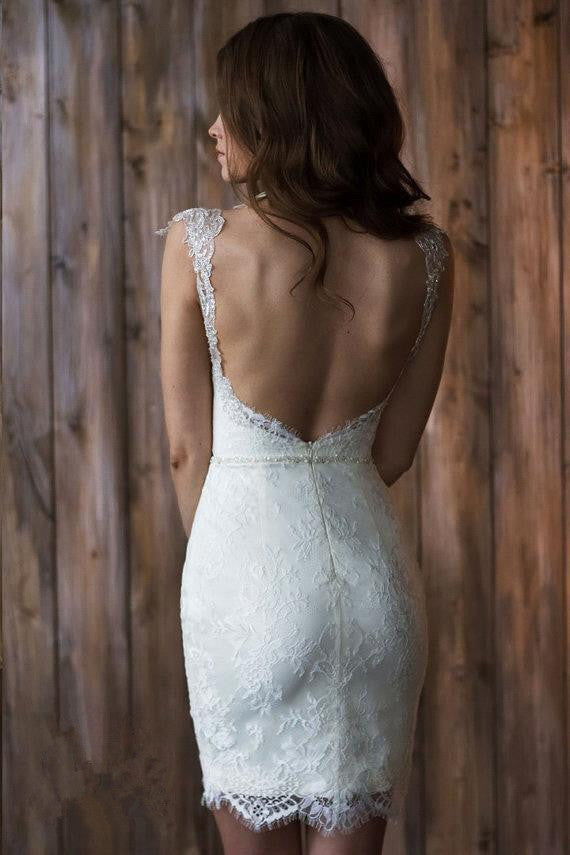 Crystals Overskirt Tulle V-neck Detachable Bridal Dresses Cap Sleeve Belt  Wedding Dresses