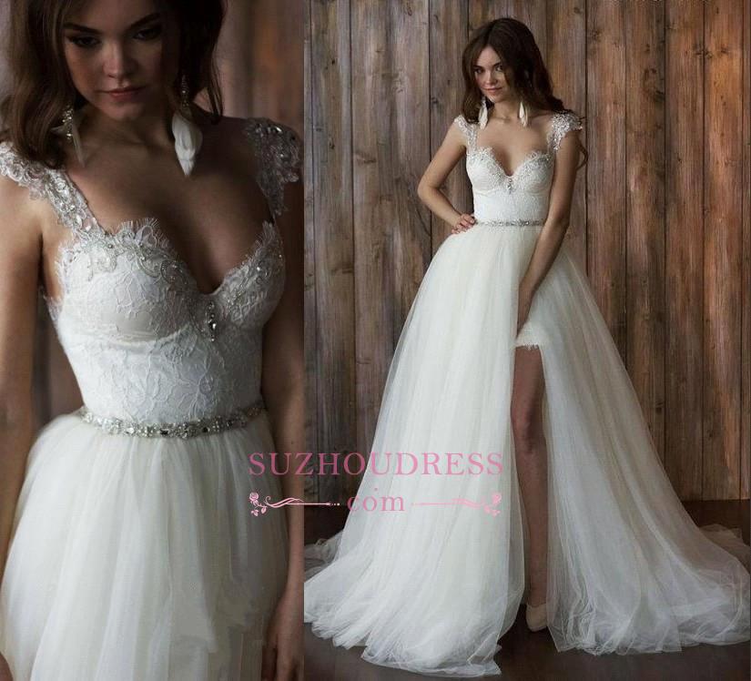 Crystals Overskirt Tulle V-neck Detachable Bridal Dresses Cap Sleeve Belt  Wedding Dresses