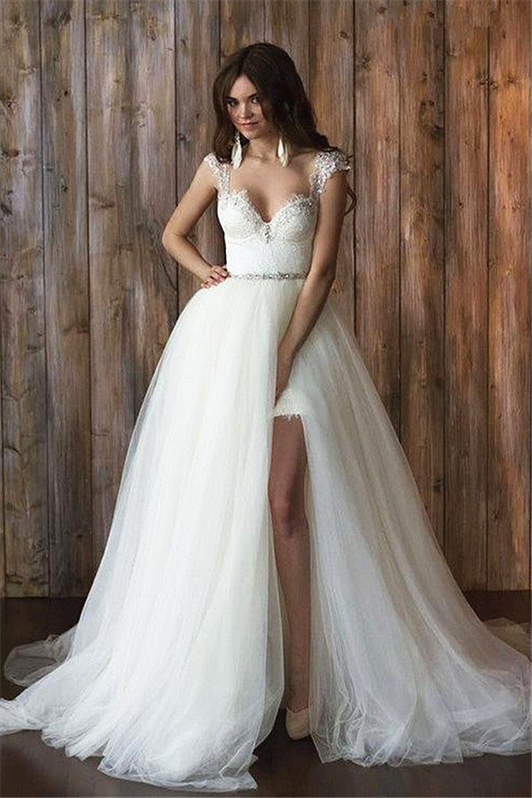 Crystals Overskirt Tulle V-neck Detachable Bridal Dresses Cap Sleeve Belt  Wedding Dresses