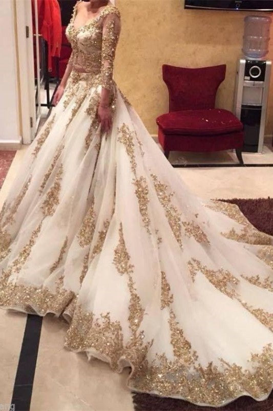 Custom Made Gold Lace Wedding Dress  Long Sleeve Luxurious Bridal Dress TB0326