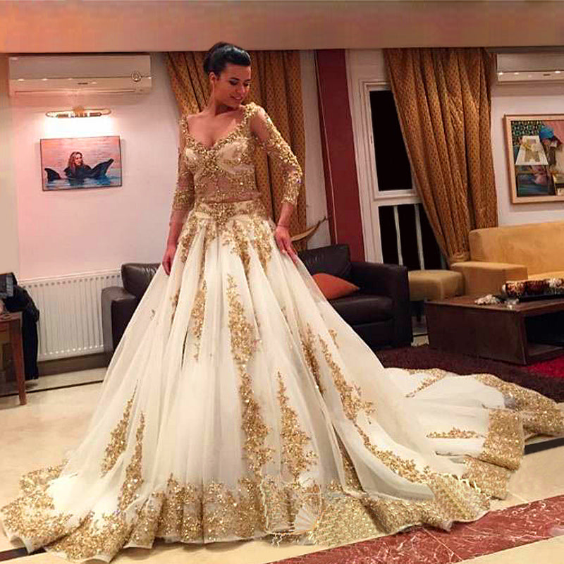 Custom Made Gold Lace Wedding Dress  Long Sleeve Luxurious Bridal Dress TB0326