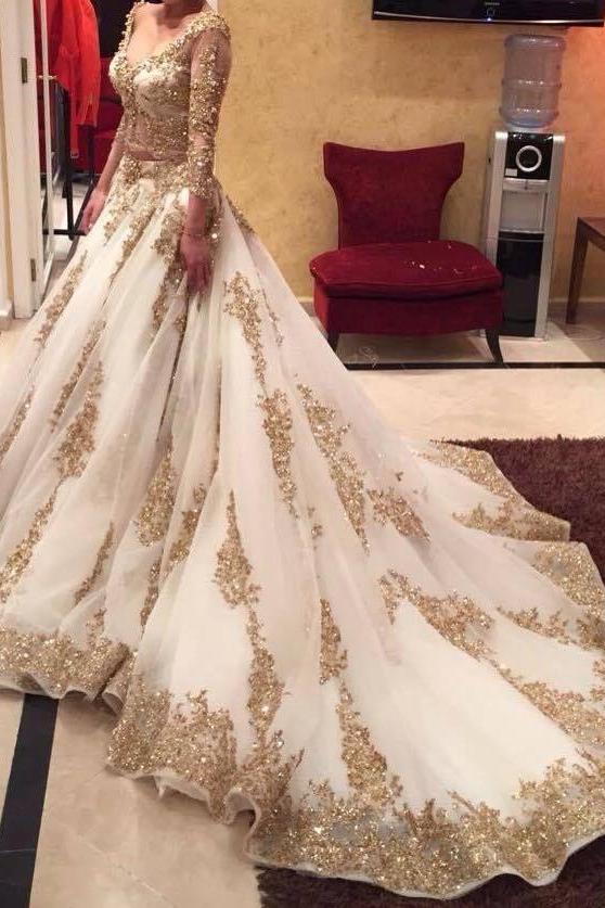 Custom Made Gold Lace Wedding Dress  Long Sleeve Luxurious Bridal Dress TB0326