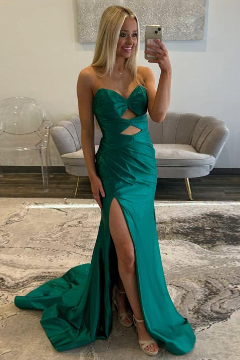 Cut Out Emerald Green Prom Dress Sweetheart Sheath Formal Dress With Slit
