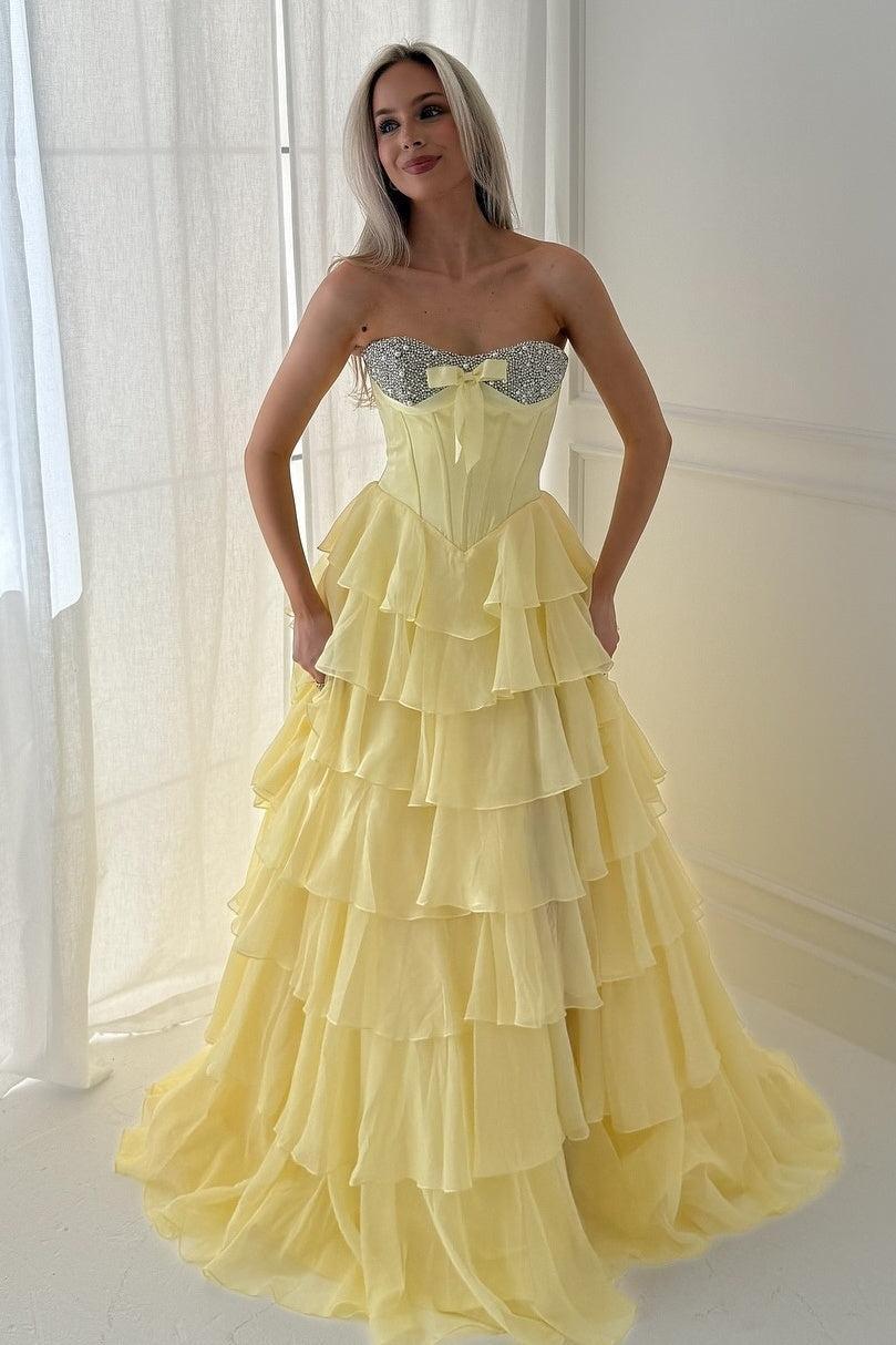 A Line Sweetheart Yellow Corset Prom Dress With Beading Ruffles Formal Evening Gown