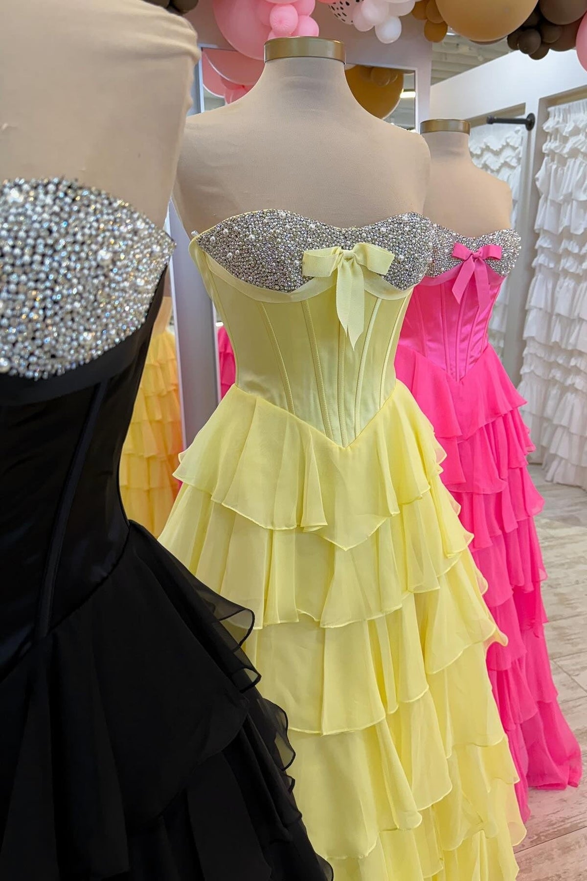 A Line Sweetheart Yellow Corset Prom Dress With Beading Ruffles Formal Evening Gown
