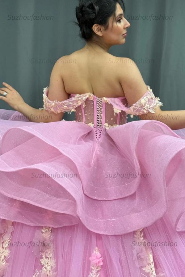 Cute Ball Gown Off Shoulder Beaded Pleated Gold Appliques Detachable Ruffles 3D Flower Sparkly Pink Tulle Quinceanera Dress Birthday Party Formal Dress For Sweet 16