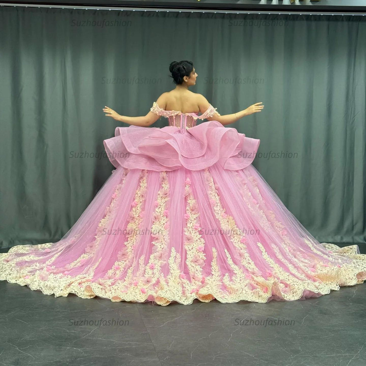 Cute Ball Gown Off Shoulder Beaded Pleated Gold Appliques Detachable Ruffles 3D Flower Sparkly Pink Tulle Quinceanera Dress Birthday Party Formal Dress For Sweet 16