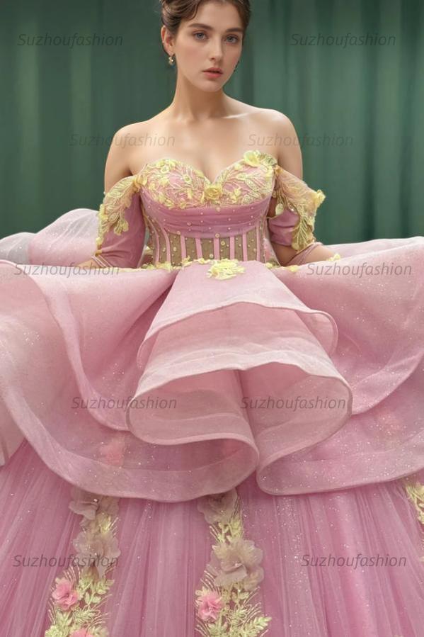 Cute Ball Gown Off Shoulder Beaded Pleated Gold Appliques Detachable Ruffles 3D Flower Sparkly Pink Tulle Quinceanera Dress Birthday Party Formal Dress For Sweet 16