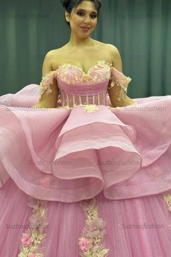 Cute Ball Gown Off Shoulder Beaded Pleated Gold Appliques Detachable Ruffles 3D Flower Sparkly Pink Tulle Quinceanera Dress Birthday Party Formal Dress For Sweet 16