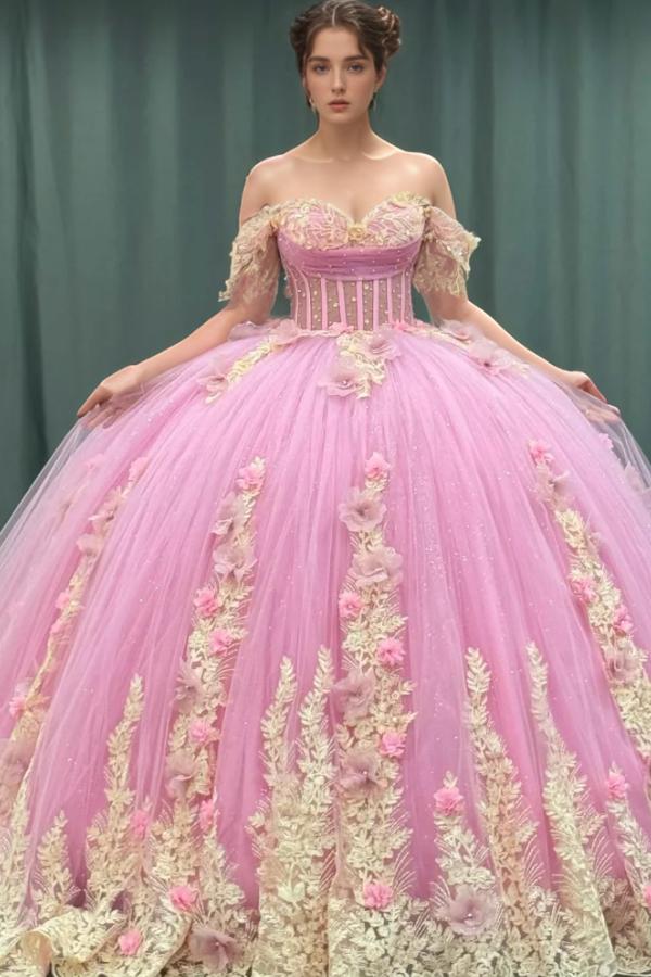 Cute Ball Gown Off Shoulder Beaded Pleated Gold Appliques Detachable Ruffles 3D Flower Sparkly Pink Tulle Quinceanera Dress Birthday Party Formal Dress For Sweet 16