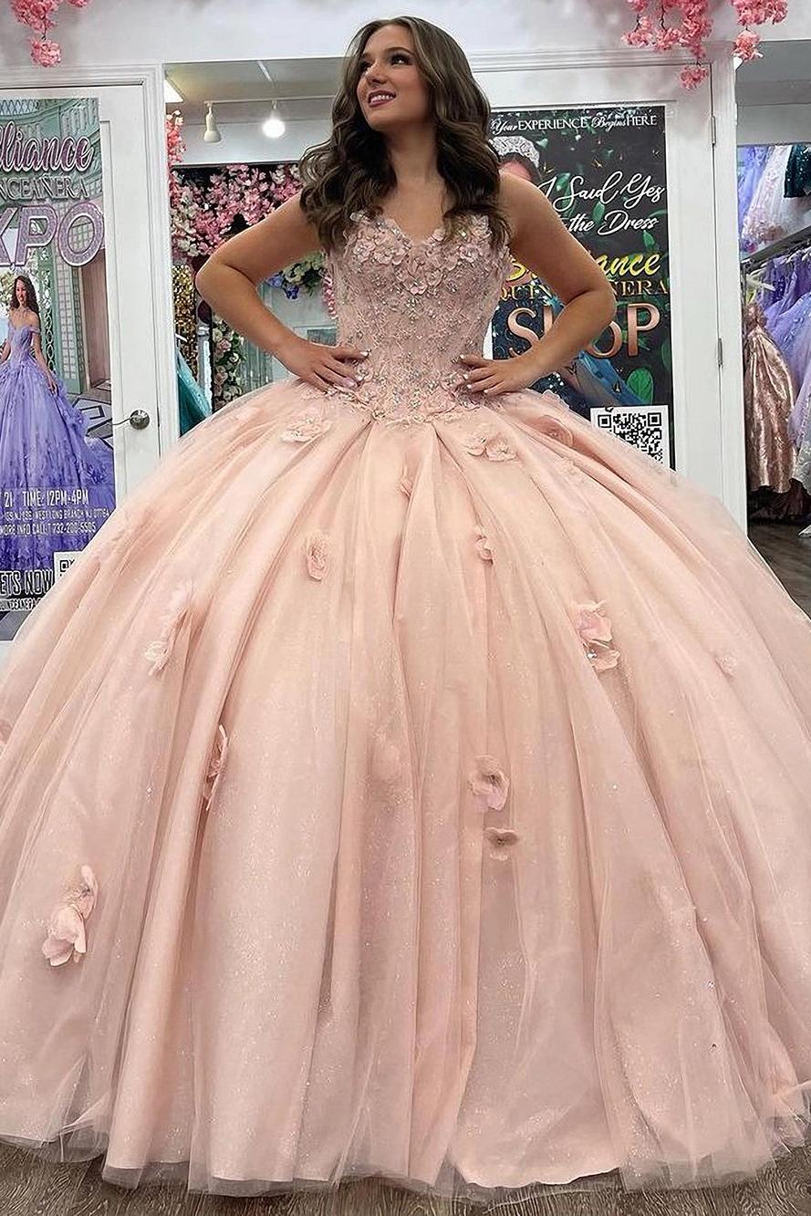 Cute & Chic Ball Gown Sweetheart Neck Flower Lace Appliques Beaded Pink Tulle Birthday Party Gown Quinceanera Dress For Sweet 16