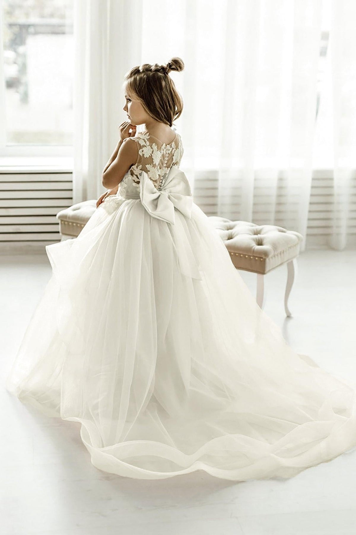 Cute Dusty Rose Puffy Lace Appliqued Sleeveless Flower Girl Dresses