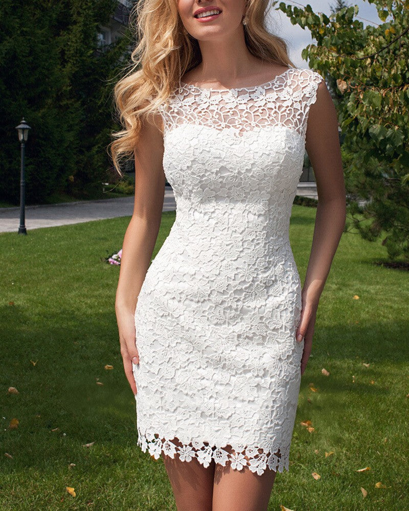 Cute Halter Short Lace Beach Bridal Dresses with Detachable Tulle Open Back Beach Wedding Dress