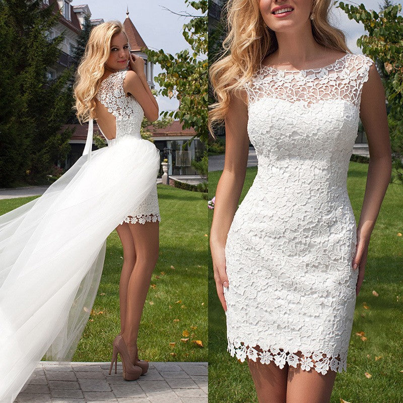 Cute Halter Short Lace Beach Bridal Dresses with Detachable Tulle Open Back Beach Wedding Dress
