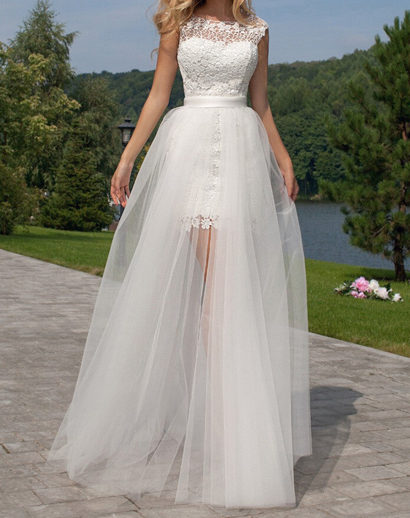 Cute Halter Short Lace Beach Bridal Dresses with Detachable Tulle Open Back Beach Wedding Dress