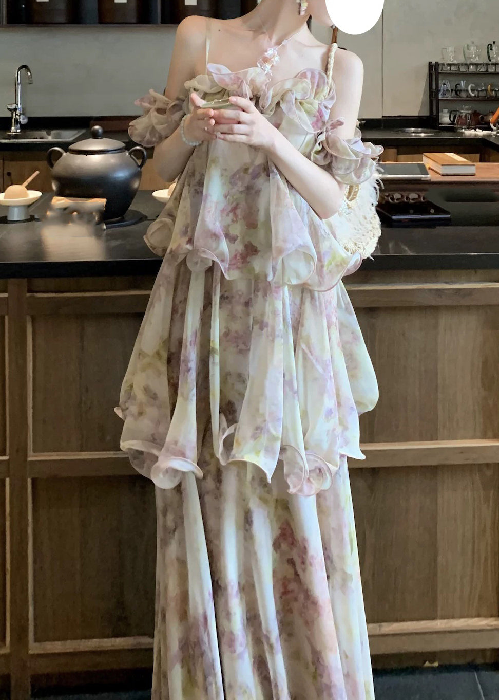 Cute Light Purple Ruffled Print Chiffon Maxi Cake Dress Summer