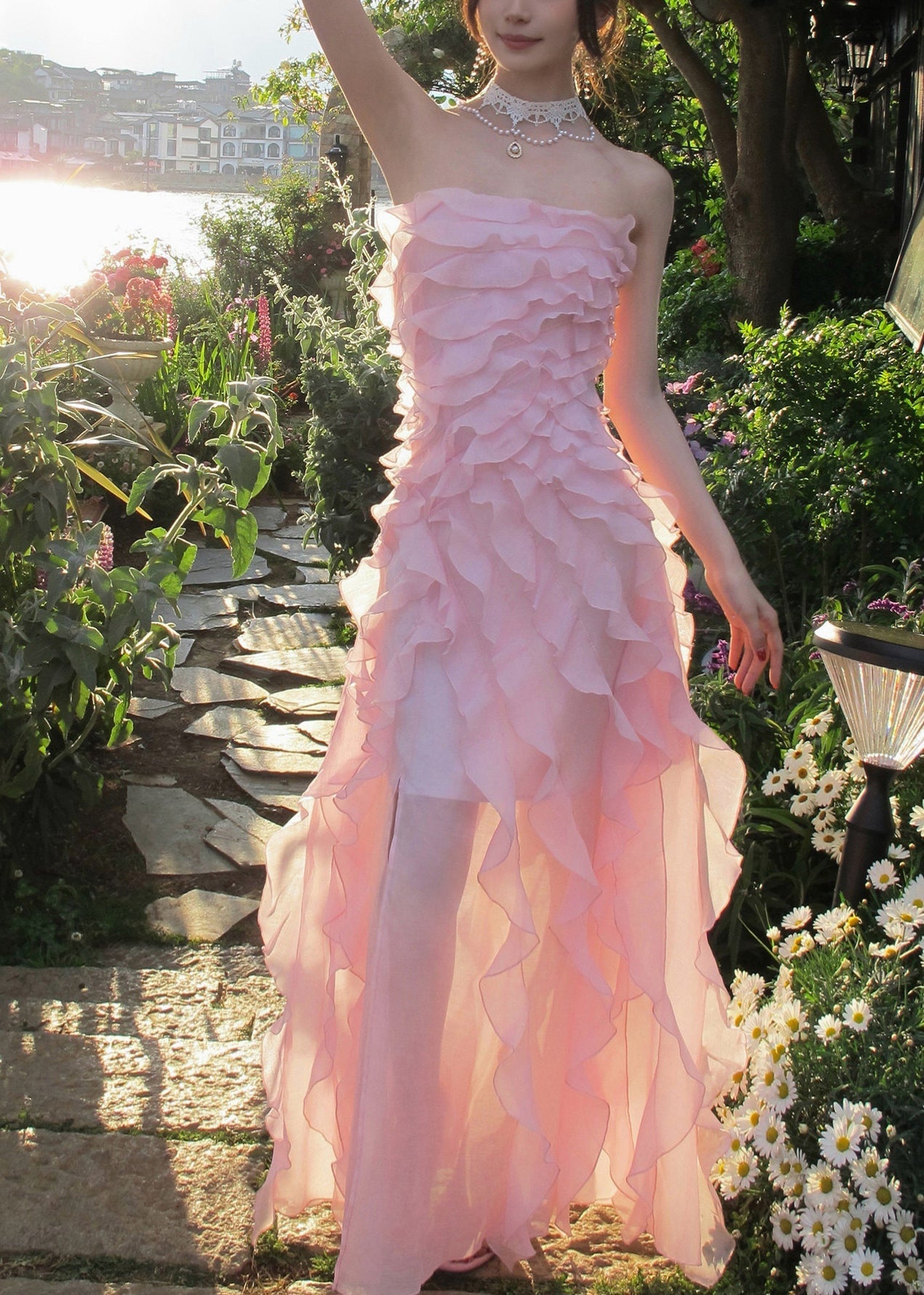 Cute Pink Cold Shoulder Ruffled Long Dress Sleeveless