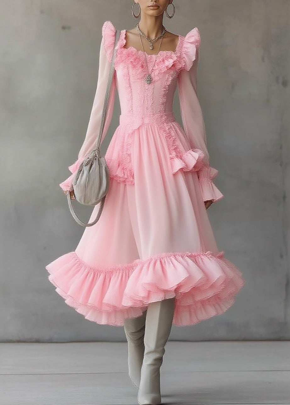 Cute Pink Square Collar Ruffled Patchwork Tulle Maxi Dress Lantern Sleeve