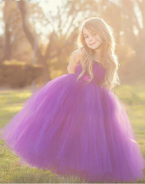 Cute Strapless Purple Long Flower Girl Dresses  Popular Floor Length Tulle Girl Dress