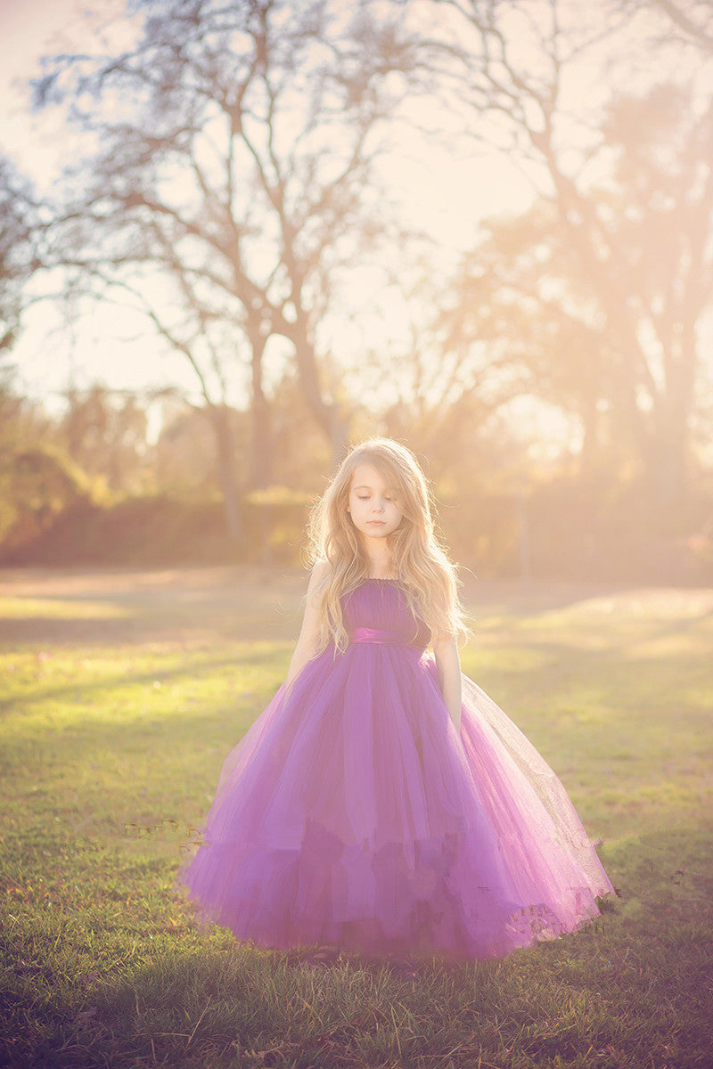 Cute Strapless Purple Long Flower Girl Dresses  Popular Floor Length Tulle Girl Dress