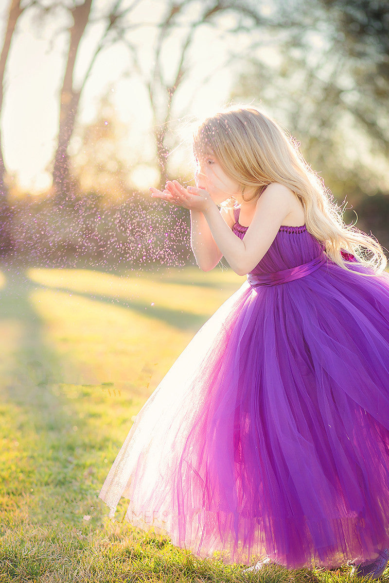 Cute Strapless Purple Long Flower Girl Dresses  Popular Floor Length Tulle Girl Dress