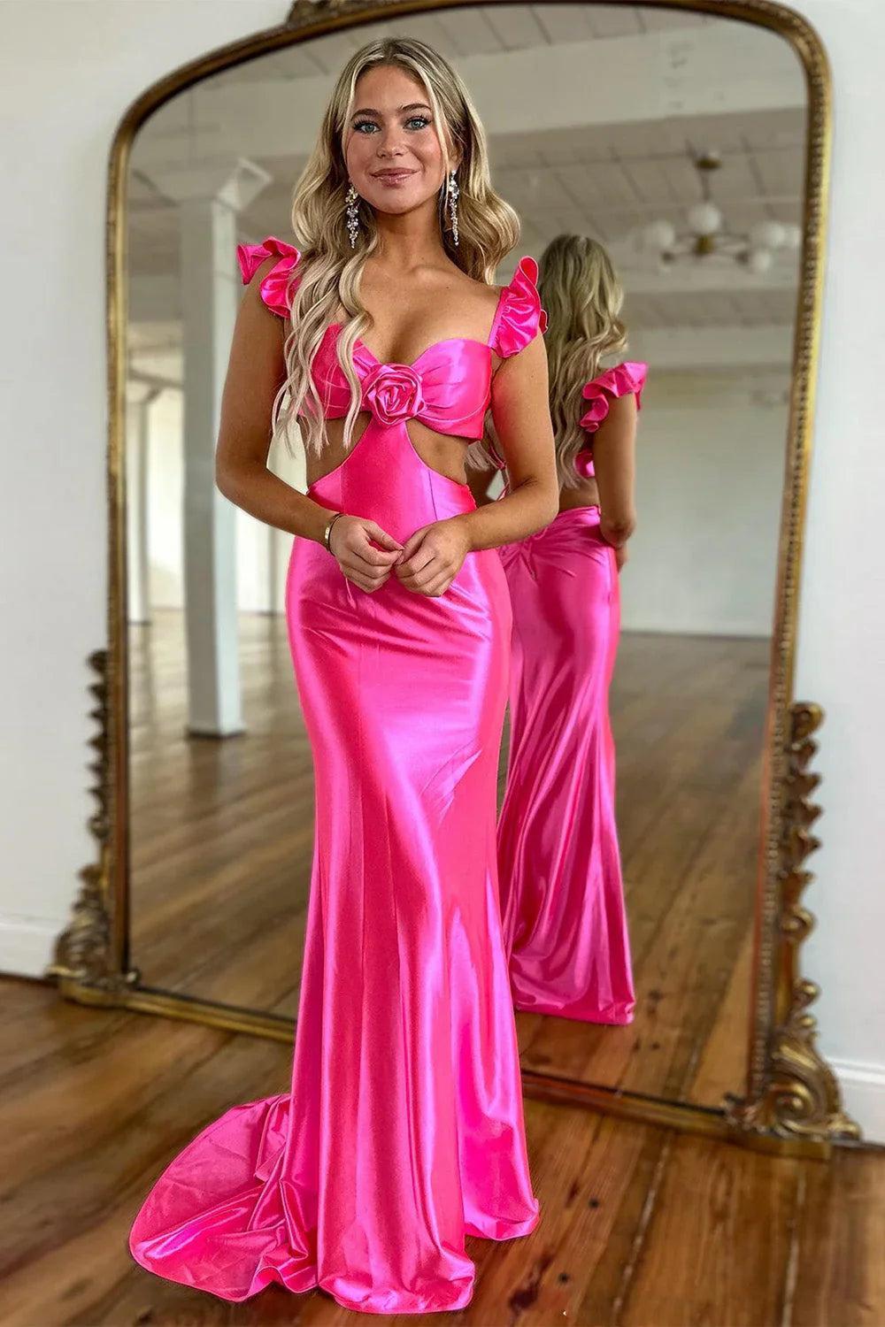 Suzhoufashion Cute Stylish Mermaid Satin Prom Dress With Waist Hollow Design Long Silhouette And Floral Accent Formal Evening Gown