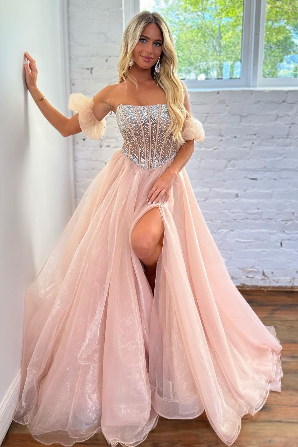 Cute A-Line Strapless Long Tulle Prom Dress With Split And Beading - VelvetHem