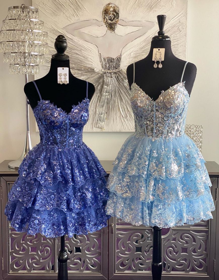 Cute A-Line Spaghetti Straps Short Layered Glitter Homecoming Dress - VelvetHem