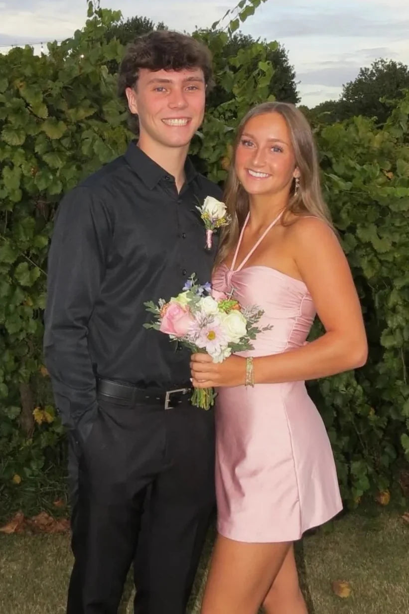 Cute A Line Halter Neck Light Pink Short Homecoming Dress with Ruched