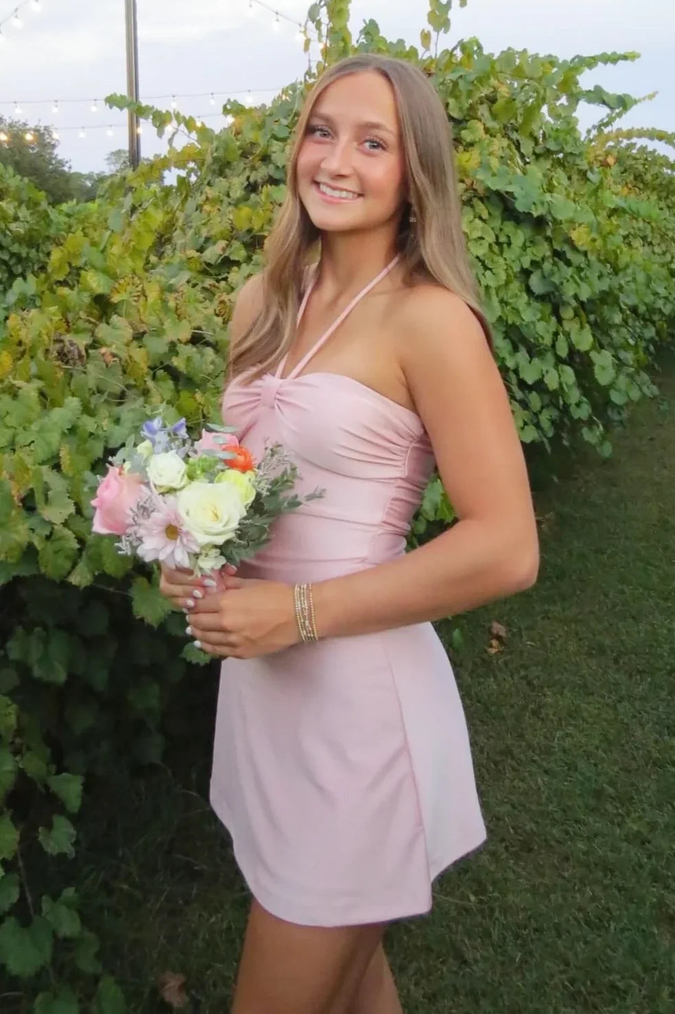 Cute A Line Halter Neck Light Pink Short Homecoming Dress with Ruched