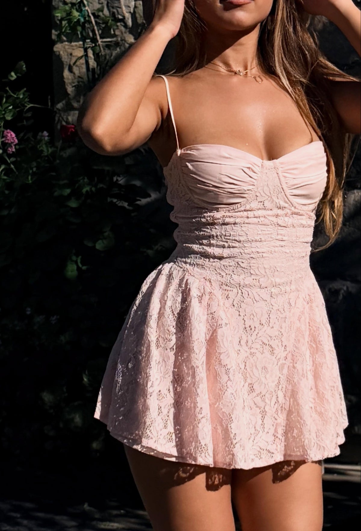 Cute A Line Spaghetti Straps Light Pink Lace Short Homecoming Dress