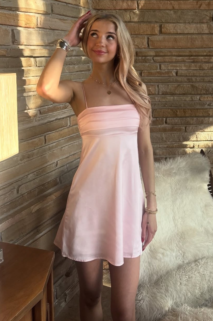 Cute A Line Spaghetti Straps Light Pink Satin Short Homecoming Dress with Ruched