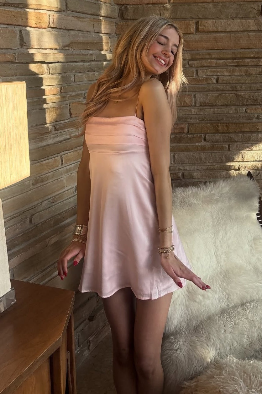 Cute A Line Spaghetti Straps Light Pink Satin Short Homecoming Dress with Ruched