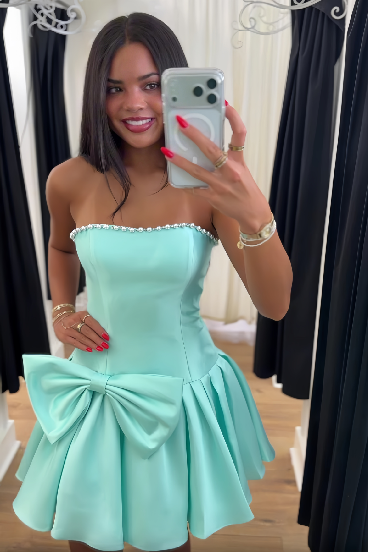 Cute A Line Strapless Light Green Short Homecoming Dress with Pearls Bowknot