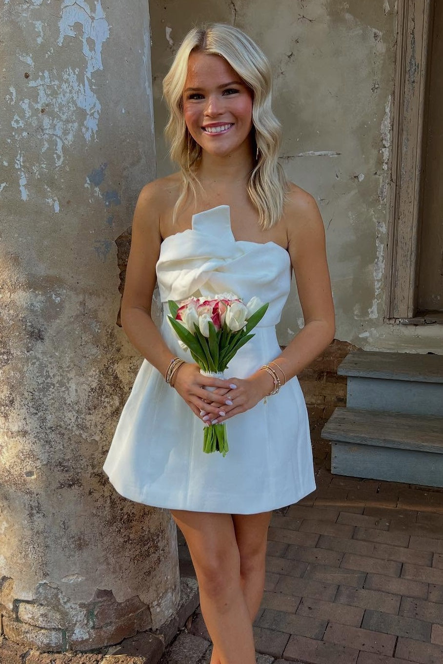 Cute A Line Strapless White Short Homecoming Dress with Ruched