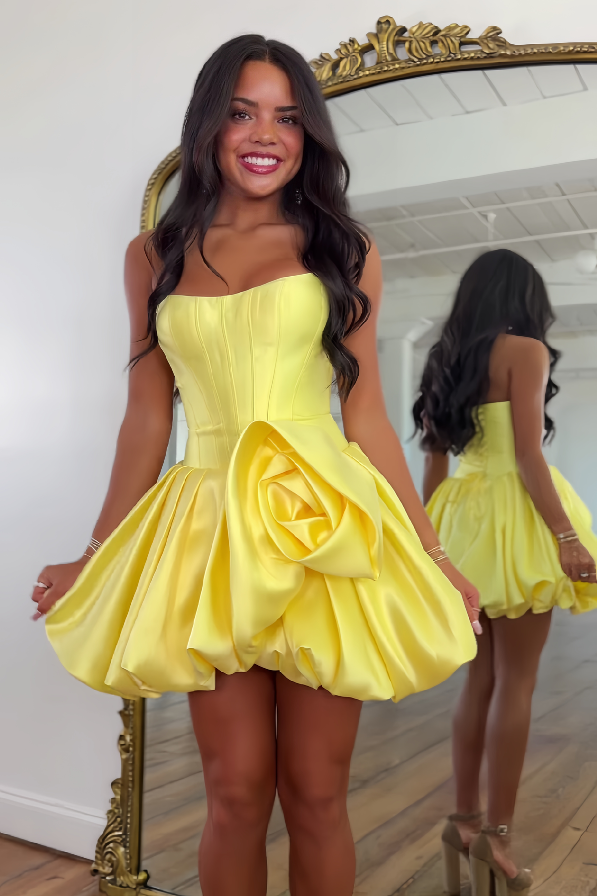 Cute A Line Strapless Yellow Corset Homecoming Dress with 3D Flowers
