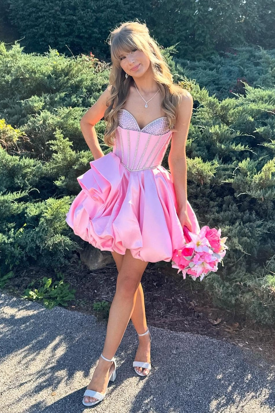Princess A Line Sweetheart Pink Corset Homecoming Dress with Beading