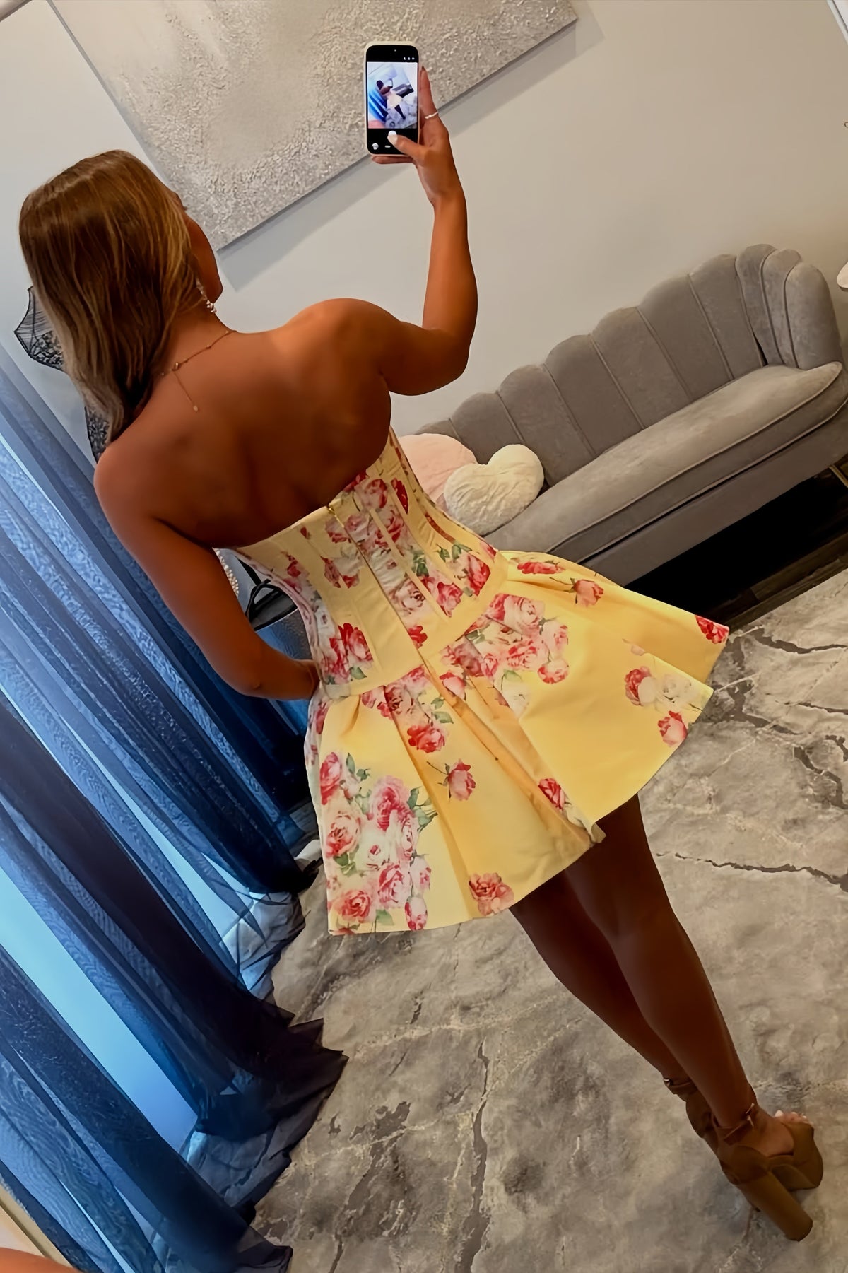 Cute A Line Sweetheart Yellow Corset Homecoming Dress with Printed Flower Bowknot