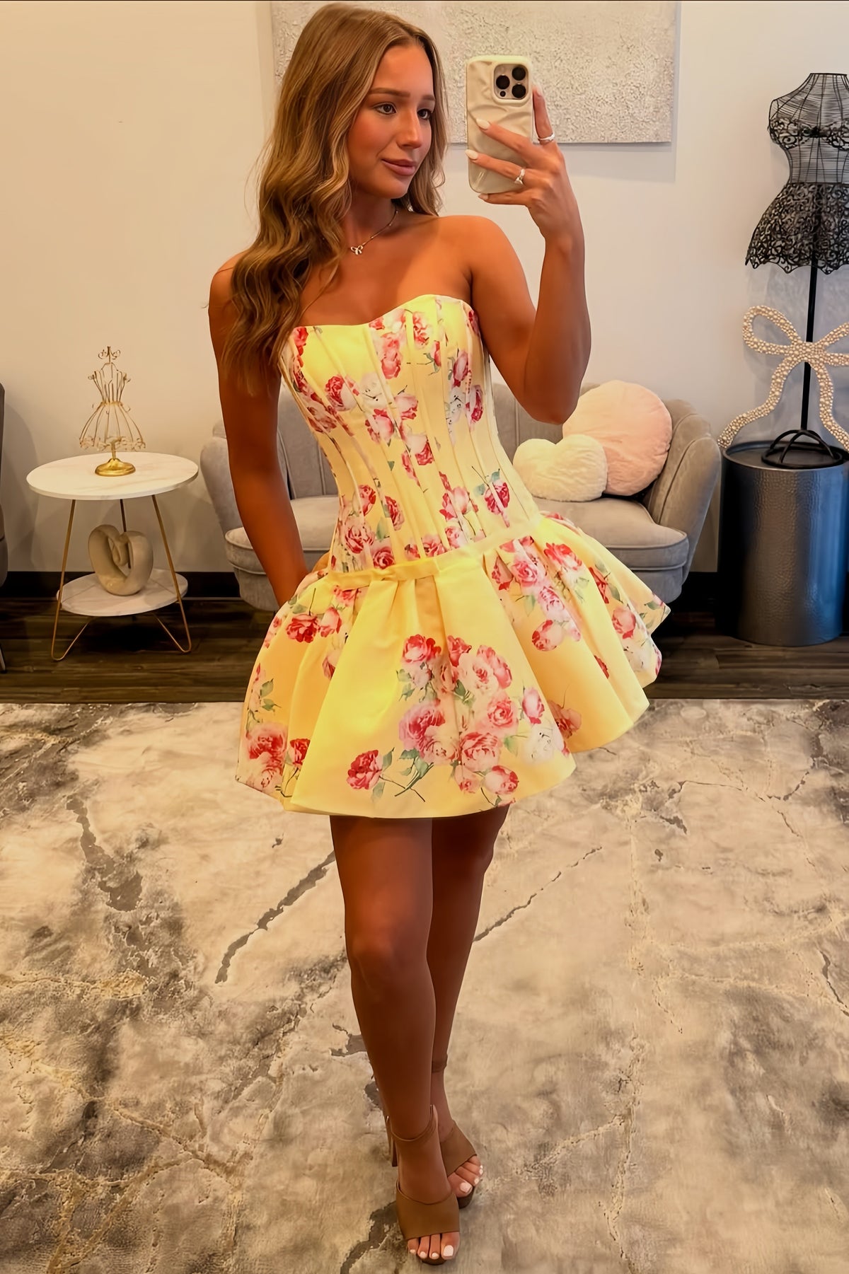 Cute A Line Sweetheart Yellow Corset Homecoming Dress with Printed Flower Bowknot