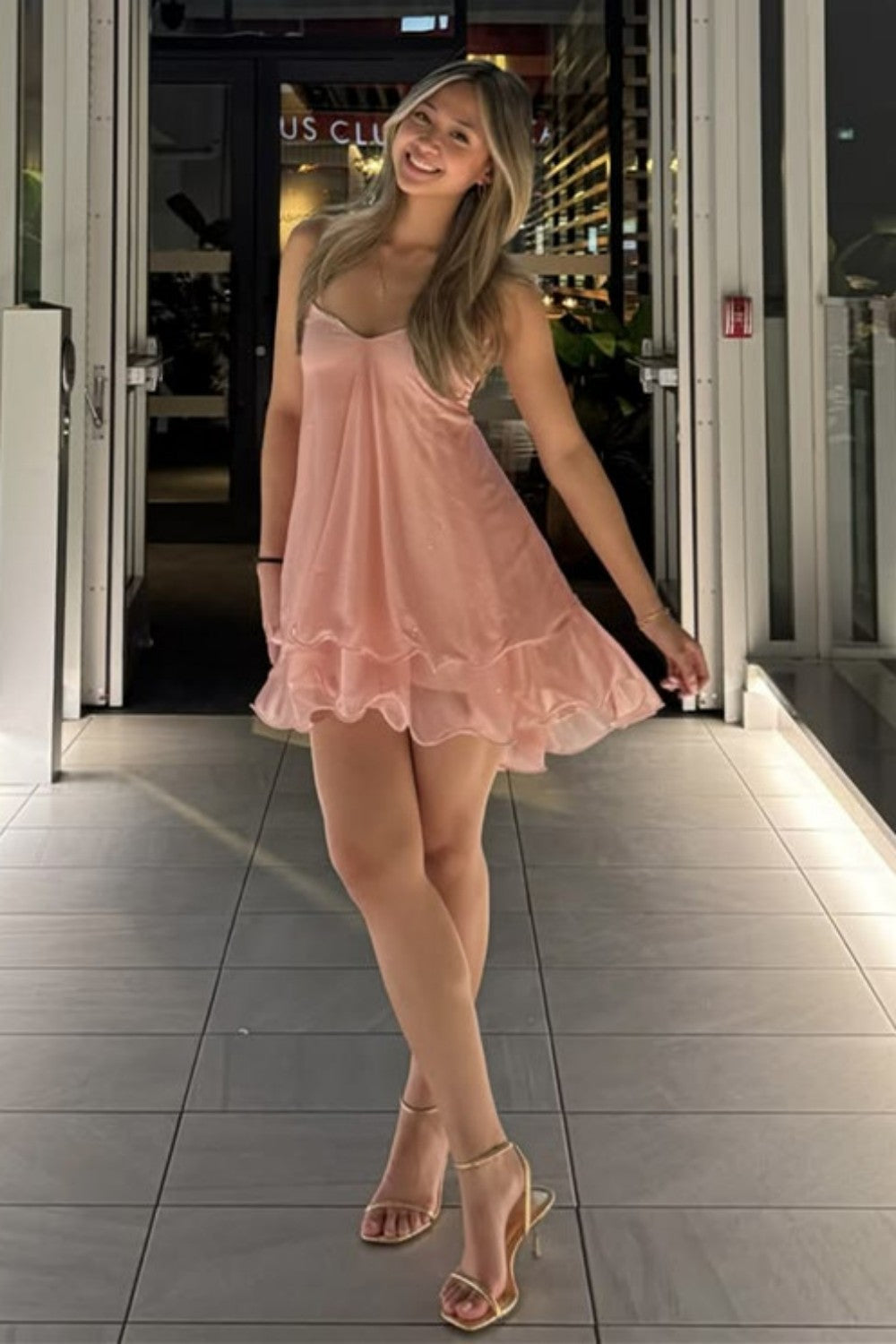 Cute Pink A-Line Homecoming Dress with Ruffle Hem and Spaghetti Straps