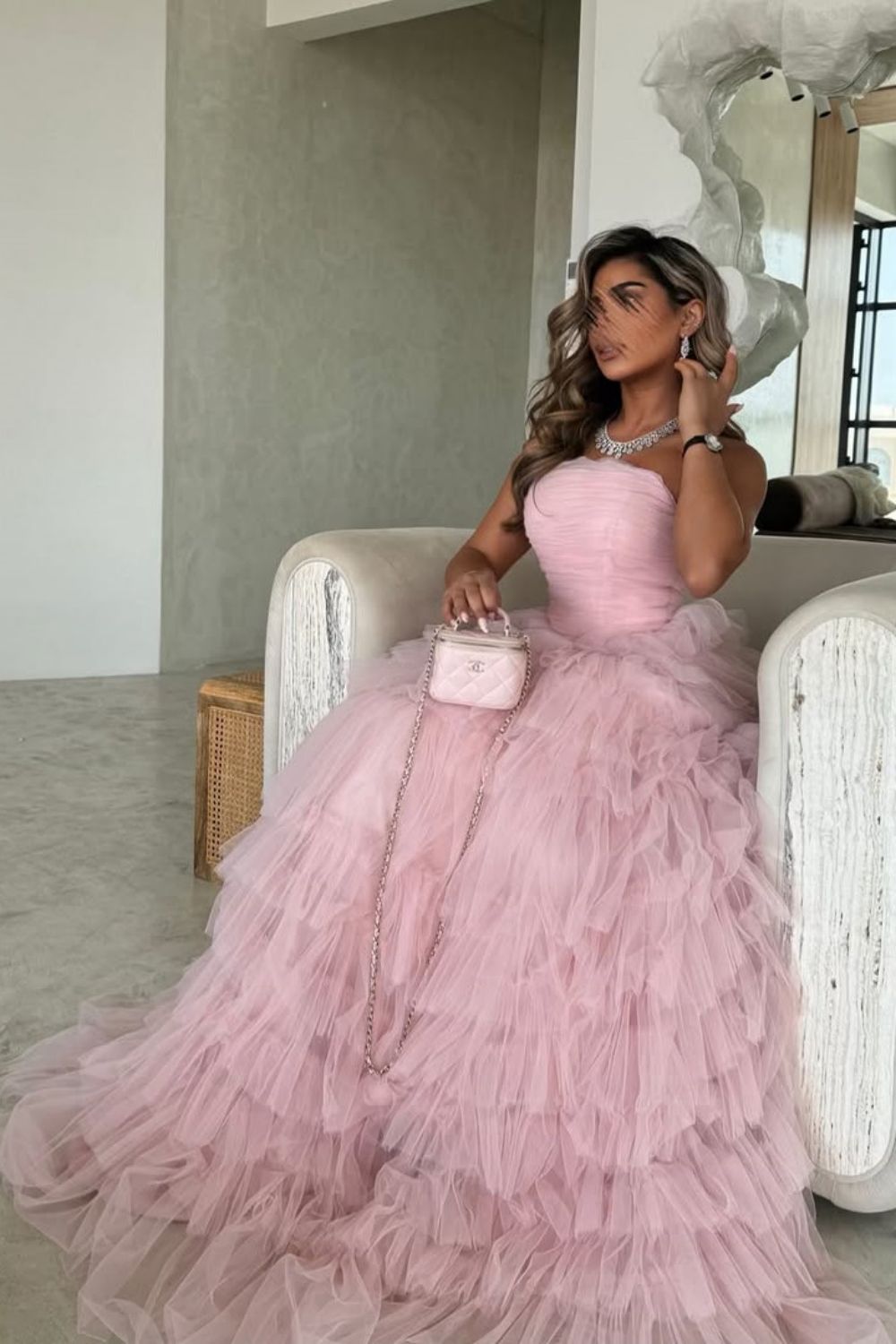 Cute Pink A-Line Strapless Lace Up Long Layered Tulle Prom Dress