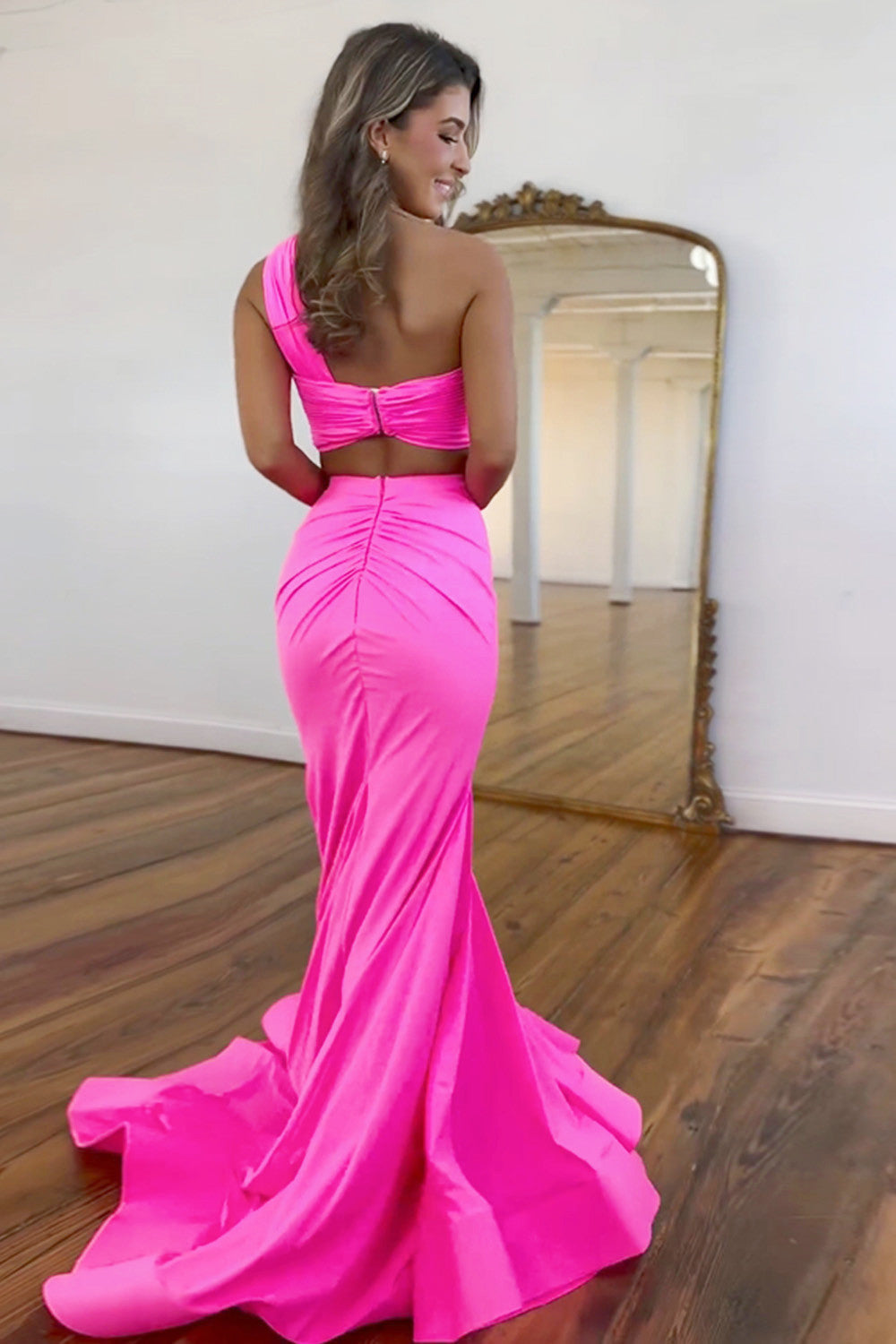 Hot Pink Satin Mermaid One Shoulder Cutout Waist Long Prom Dress - View 3 | VelvetHem