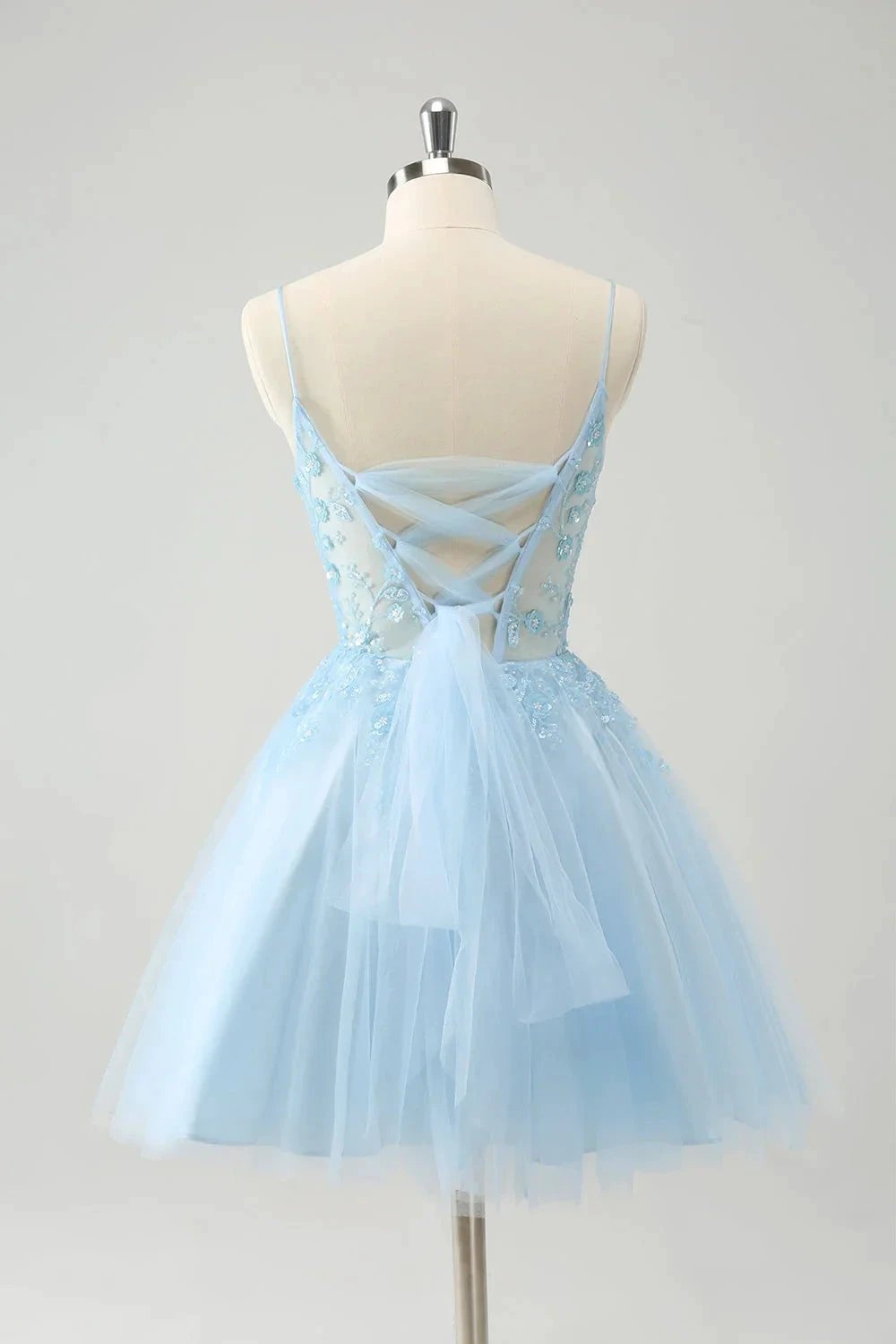 Cute A Line Spaghetti Straps Corset Short Blush Homecoming Dress with Appliques (ZD11490)