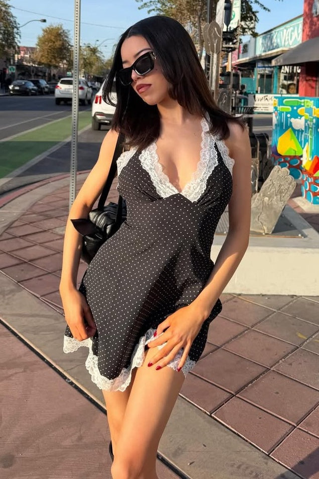 Cute A Line Halter Neck Red Polka Dots Short Homecoming Dress with Lace