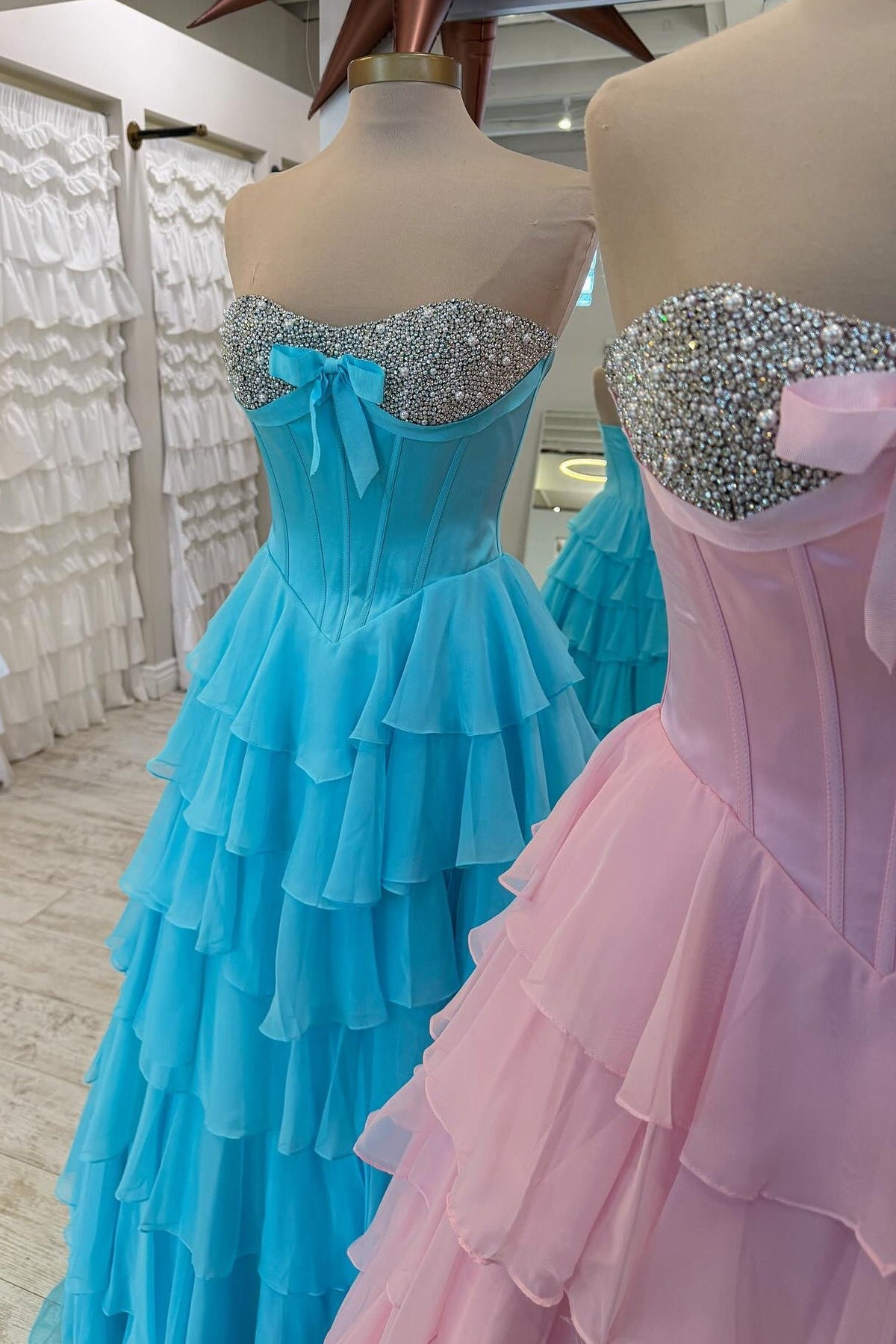 Princess A Line Sweetheart Pink Corset Prom Dress with Beading Ruffles