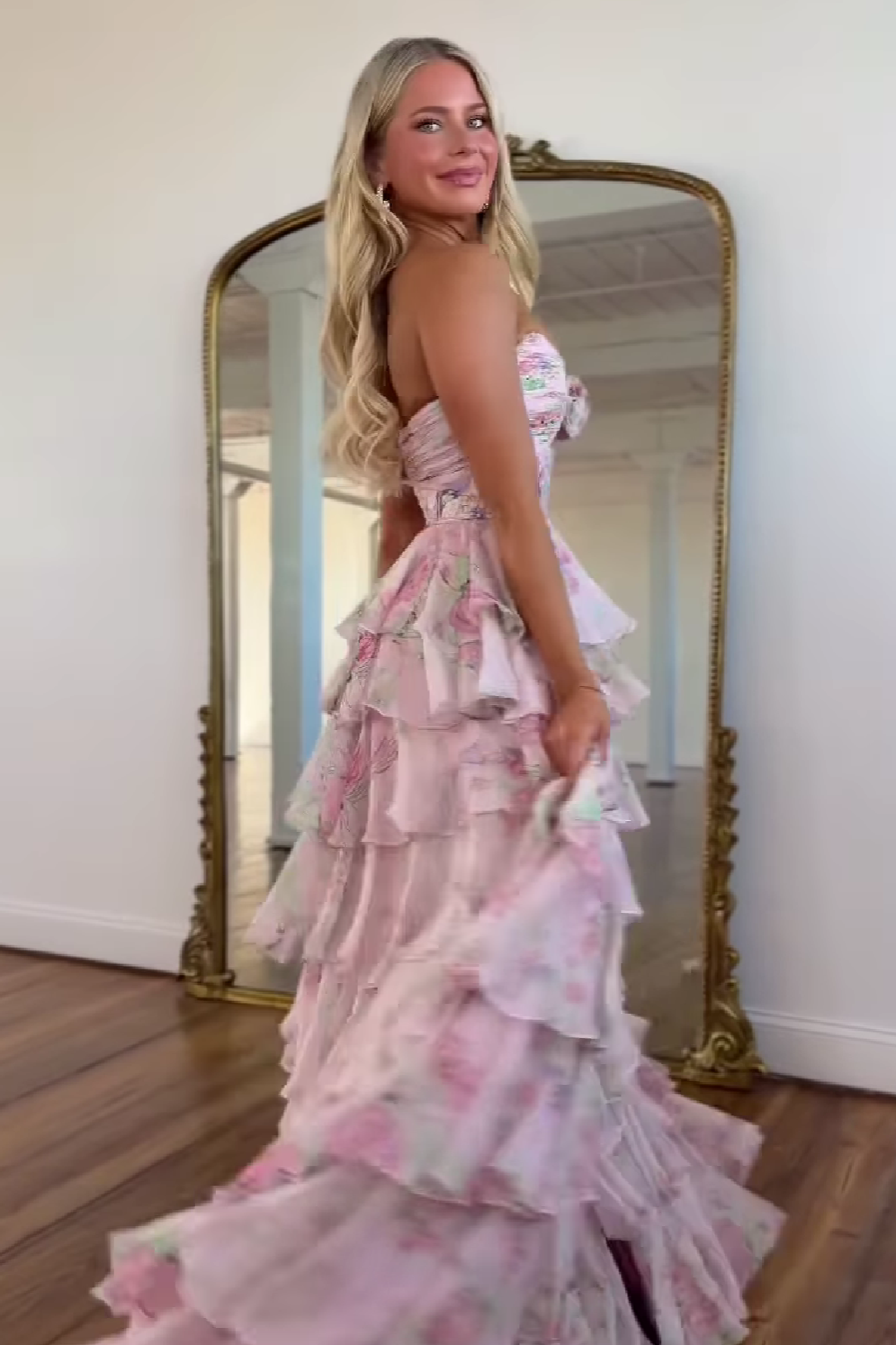 Sweety A-Line Sweetheart Pink Printed Long Tiered Prom Dress with Slit - View 4 | VelvetHem